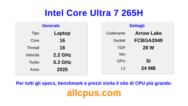 Intel Core Ultra 7 265H Specifiche e benchmark della CPU