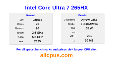 Intel Core Ultra 7 265HX CPU Specifications and Benchmark