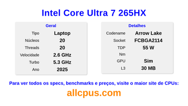 Intel Core Ultra 7 265HX Especificações e benchmarks da CPU