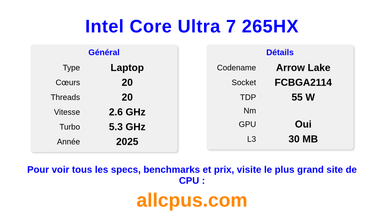 Intel Core Ultra 7 265HX Spécifications et benchmarks du CPU