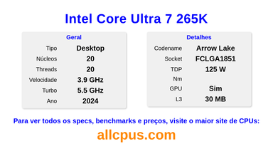 Intel Core Ultra 7 265K Especificações e benchmarks da CPU