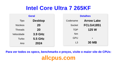 Intel Core Ultra 7 265KF Especificações e benchmarks da CPU