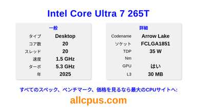 Intel Core Ultra 7 265T CPUの仕様とベンチマーク