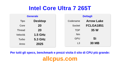 Intel Core Ultra 7 265T Specifiche e benchmark della CPU
