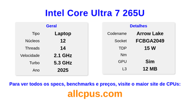 Intel Core Ultra 7 265U Especificações e benchmarks da CPU
