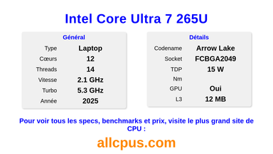 Intel Core Ultra 7 265U Spécifications et benchmarks du CPU
