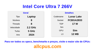 Intel Core Ultra 7 266V Especificações e benchmarks da CPU