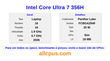 Intel Core Ultra 7 356H Especificações e benchmarks da CPU
