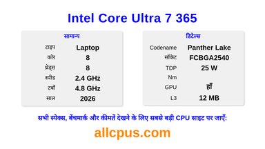 Intel Core Ultra 7 365 CPU की स्पेसिफिकेशन और बेंचमार्क