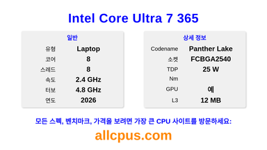 Intel Core Ultra 7 365 CPU 사양과 벤치마크