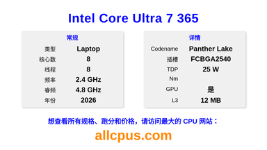 Intel Core Ultra 7 365 CPU 规格和跑分