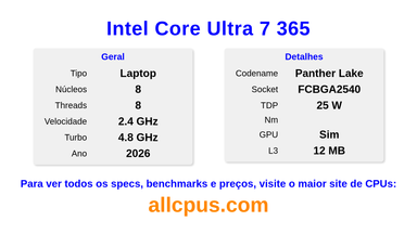 Intel Core Ultra 7 365 Especificações e benchmarks da CPU