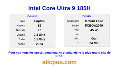 Intel Core Ultra 9 185H Spécifications et benchmarks du CPU