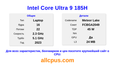 Intel Core Ultra 9 185H Характеристики и бенчмарки CPU