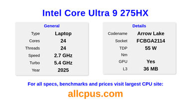 Intel Core Ultra 9 275HX CPU Specifications and Benchmark