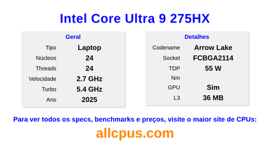Intel Core Ultra 9 275HX Especificações e benchmarks da CPU