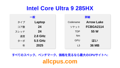 Intel Core Ultra 9 285HX CPUの仕様とベンチマーク
