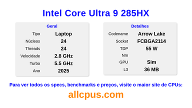 Intel Core Ultra 9 285HX Especificações e benchmarks da CPU