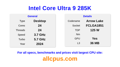 Intel Core Ultra 9 285K CPU Specifications and Benchmark