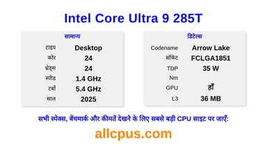 Intel Core Ultra 9 285T CPU की स्पेसिफिकेशन और बेंचमार्क