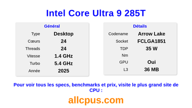 Intel Core Ultra 9 285T Spécifications et benchmarks du CPU