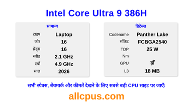 Intel Core Ultra 9 386H CPU की स्पेसिफिकेशन और बेंचमार्क