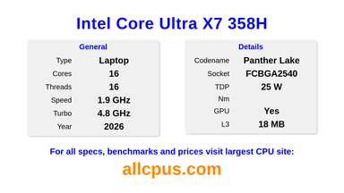 Intel Core Ultra X7 358H CPU Specifications and Benchmark