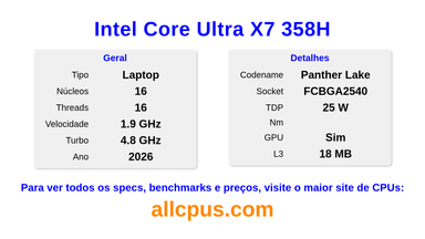 Intel Core Ultra X7 358H Especificações e benchmarks da CPU