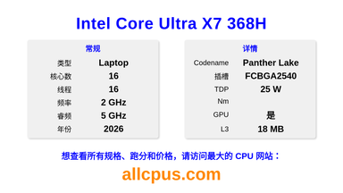 Intel Core Ultra X7 368H CPU 规格和跑分