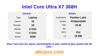 Intel Core Ultra X7 368H Spécifications et benchmarks du CPU