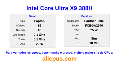 Intel Core Ultra X9 388H Especificações e benchmarks da CPU