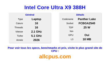 Intel Core Ultra X9 388H Spécifications et benchmarks du CPU
