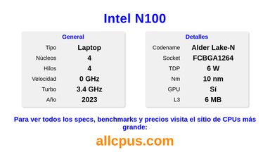 Intel N100 Especificaciones y benchmarks de la CPU