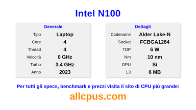 Intel N100 Specifiche e benchmark della CPU