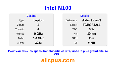 Intel N100 Spécifications et benchmarks du CPU