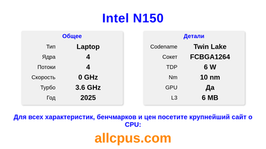 Intel N150 Характеристики и бенчмарки CPU