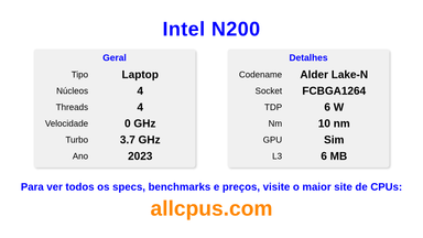 Intel N200 Especificações e benchmarks da CPU