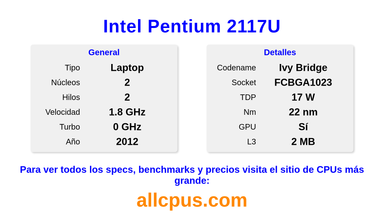 Intel Pentium 2117U Especificaciones y benchmarks de la CPU