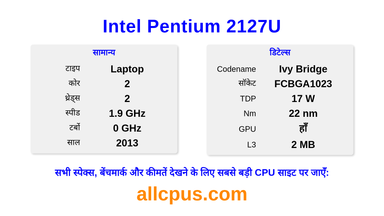 Intel Pentium 2127U CPU की स्पेसिफिकेशन और बेंचमार्क
