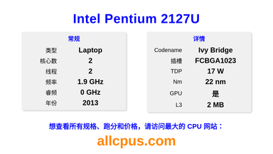 Intel Pentium 2127U CPU 规格和跑分