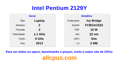Intel Pentium 2129Y Especificações e benchmarks da CPU