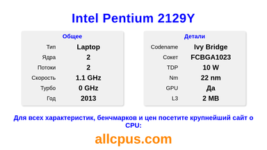 Intel Pentium 2129Y Характеристики и бенчмарки CPU