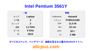 Intel Pentium 3561Y CPUの仕様とベンチマーク