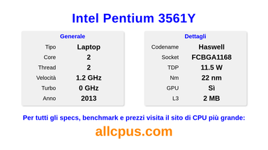 Intel Pentium 3561Y Specifiche e benchmark della CPU