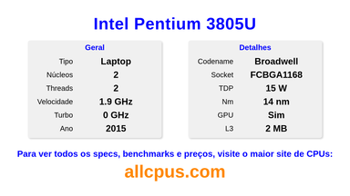 Intel Pentium 3805U Especificações e benchmarks da CPU
