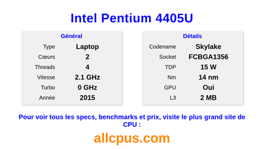 Intel Pentium 4405U Spécifications et benchmarks du CPU