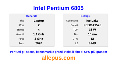 Intel Pentium 6805 Specifiche e benchmark della CPU
