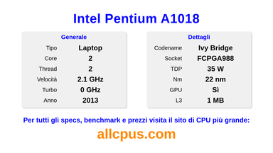 Intel Pentium A1018 Specifiche e benchmark della CPU