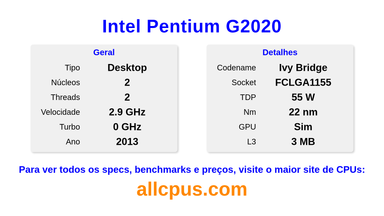 Intel Pentium G2020 Especificações e benchmarks da CPU