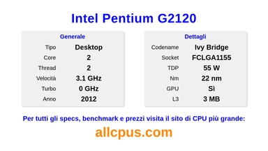 Intel Pentium G2120 Specifiche e benchmark della CPU